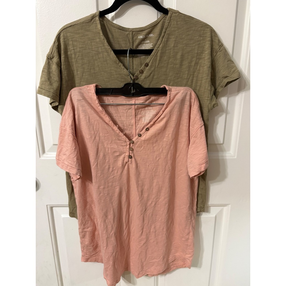 Set of 2 Henley V-Neck Short Sleeve Slub Tee | S || Olive & Pink| Knox Rose - Picture 1 of 6